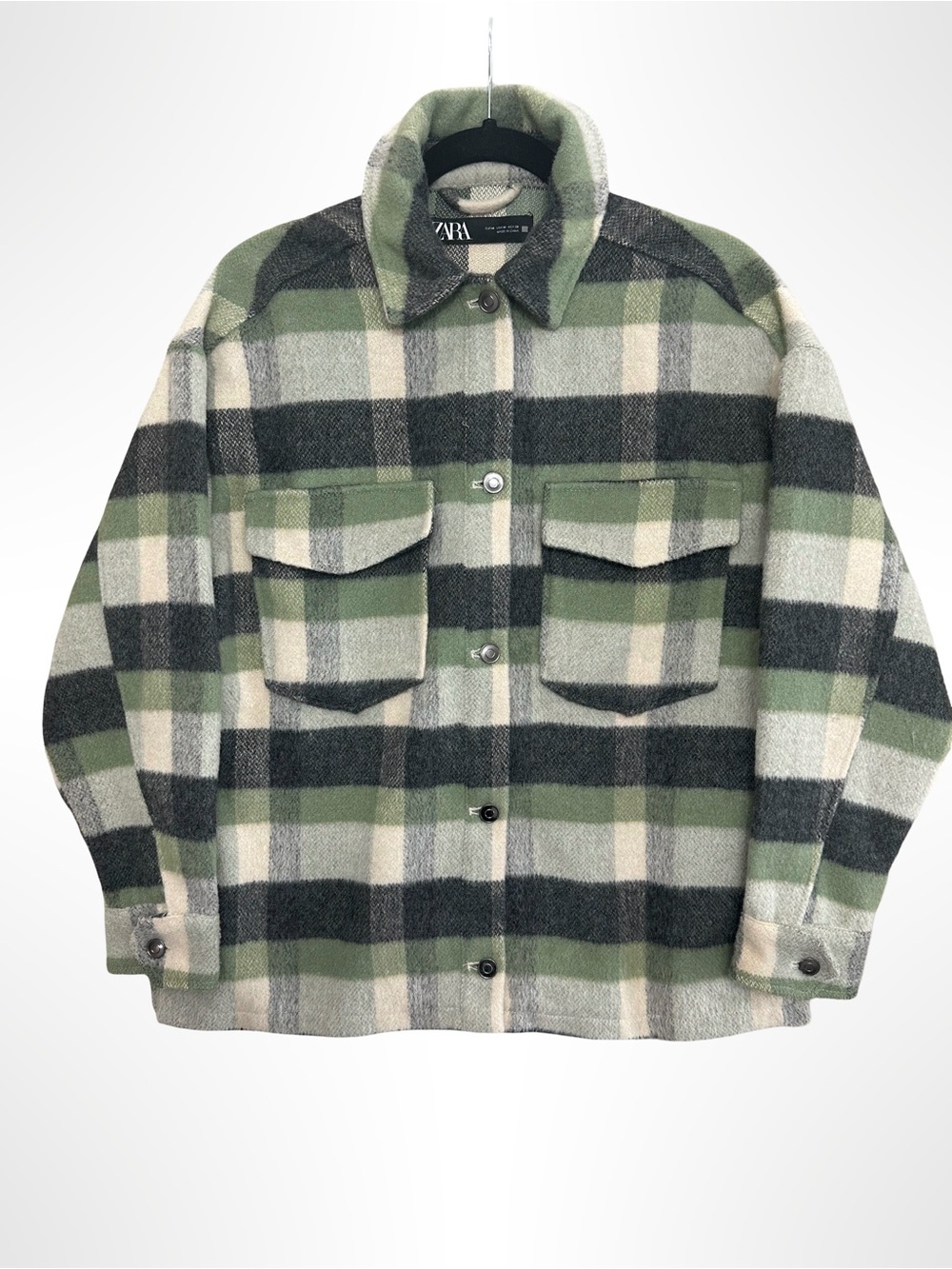 ZARA Plaid Flannel Shacket Jacket Green Gray Oversized Women's Size M